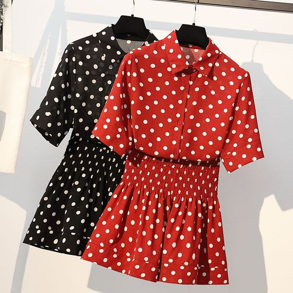 

women summer suits large size lapel red dot shorts for overweight women fashion covering belly two piece outfits, White