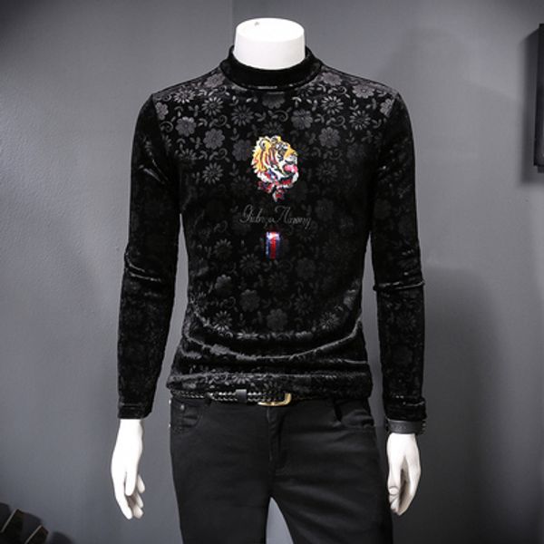 

new youth and autumn korean winter 2019 high men's cashmere shirt print thick animal velvet t-shirt collar plus bottoming ilpci, Black