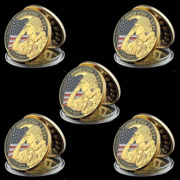 

5pcs military challenge coin cimetiere omaha beach land normandy army 1oz gold plated souvenir coin
