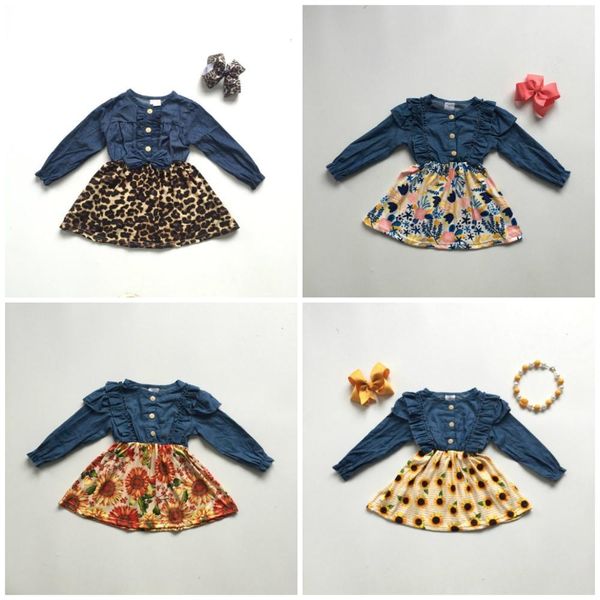 

fall/winter baby girls children clothes cotton leopard sunflower denim ruffle dress boutique long sleeve match bow knee length, Red;yellow