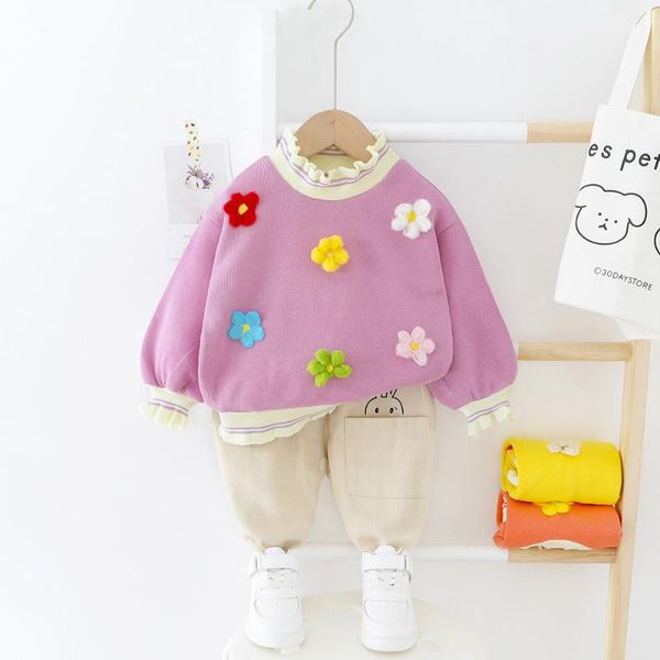 

girls clothing sets autumn winter children clothes set cotton flower t shirt pants baby kids 2pcs suit costume for 0-4 year, White