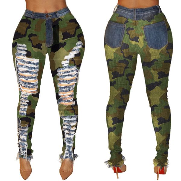 

skinny ripped distressed jeans for women camouflage high waist pencil pants scratched burr denim trousers calÃ§as jeans feminina, Blue