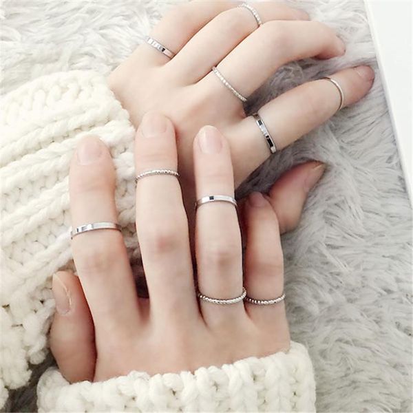 

10шт / set 2019 мода простой дизайн anillos урожай золото серебро цвет уплотнительные кольца наборы для женщин ювелирные изделия, Silver