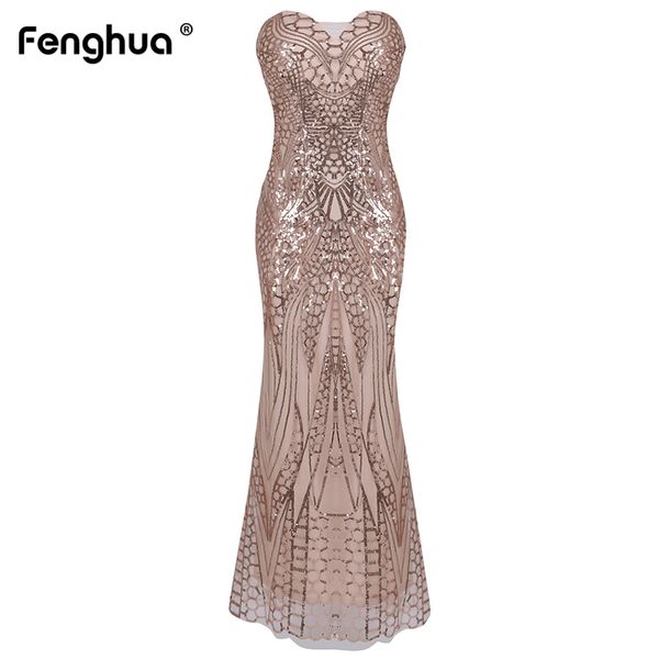 

fenghua 2019 summer dress women elegant strapless sequined long party dress female slim mermaid maxi dresses with padded, Black;gray