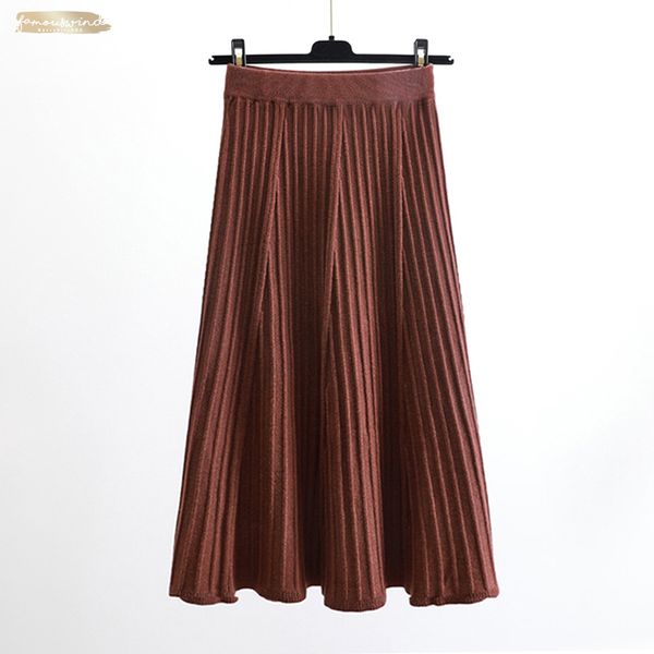 

vintage elegant winter women sweater skirt elastic high waist pleated midi knitted skirt a-line female skirts thick winter solid, Black
