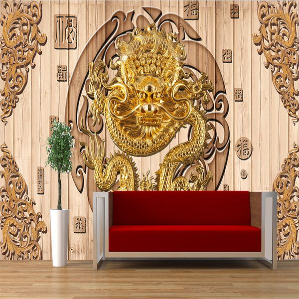 

custom chinese 5d large jade carving dragon retro wood pattern mural living room tv decoration background wall
