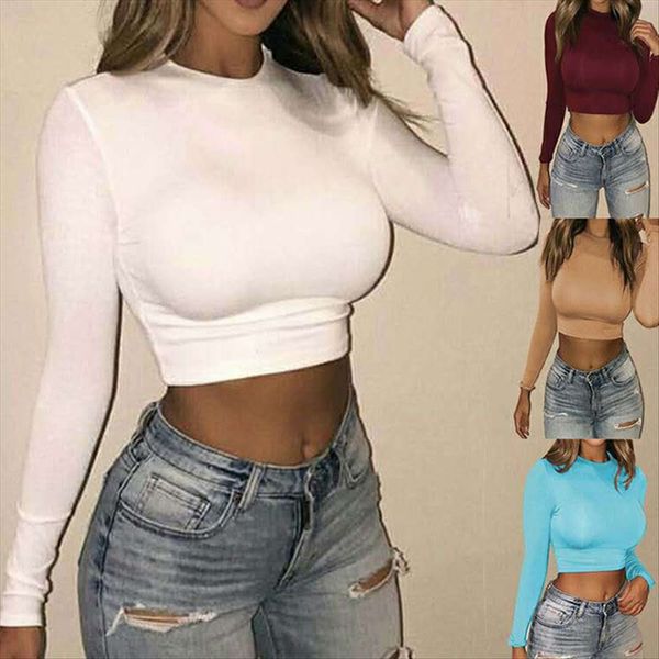 

2019 women's long sleeve pure color short 2019 women's long sleeve t-shirt pure color short t-shirt top, White