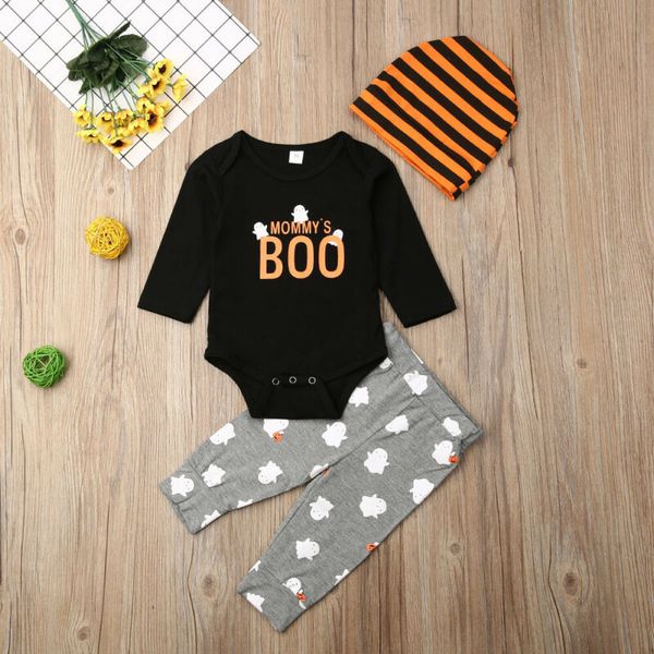 

fall autumn cute halloween 3pcs romper pants leggings hat newborn baby girl boy boo set festival clothes, White