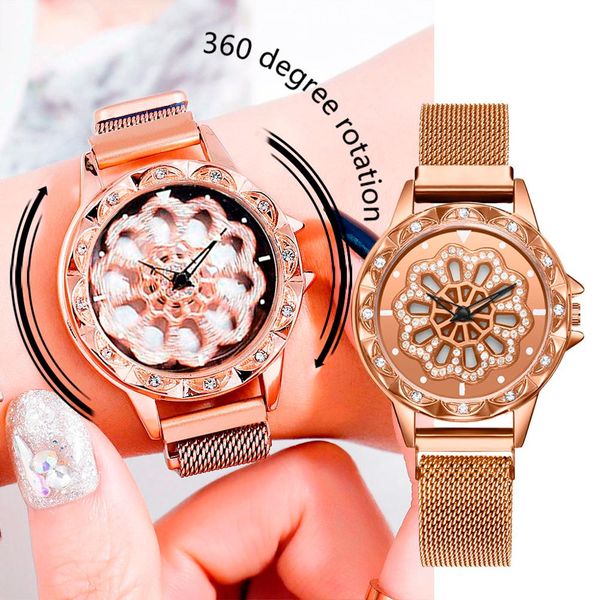 

luxury women watch 360 degree rotating fashion diamond dial to run ladies quartz mesh belt ladies wrist watches clock reloj, Slivery;brown