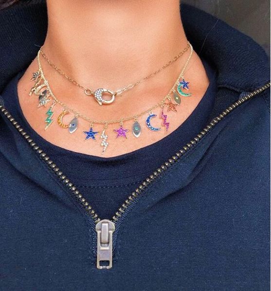 

2020 winter rainbow cz paved multi charm choker necklaces for women lady wedding short choker smile eye lip pendant jewelry gift, Silver