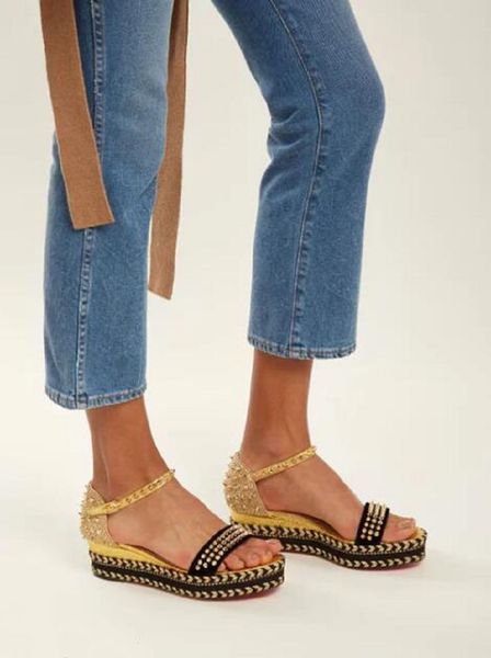 

лето известные дамы red bottom cataclou клин сандалии open toe шипованных обычная кожа лодыжки ремень женщины люкс высокие каблуки eu35-42, Black