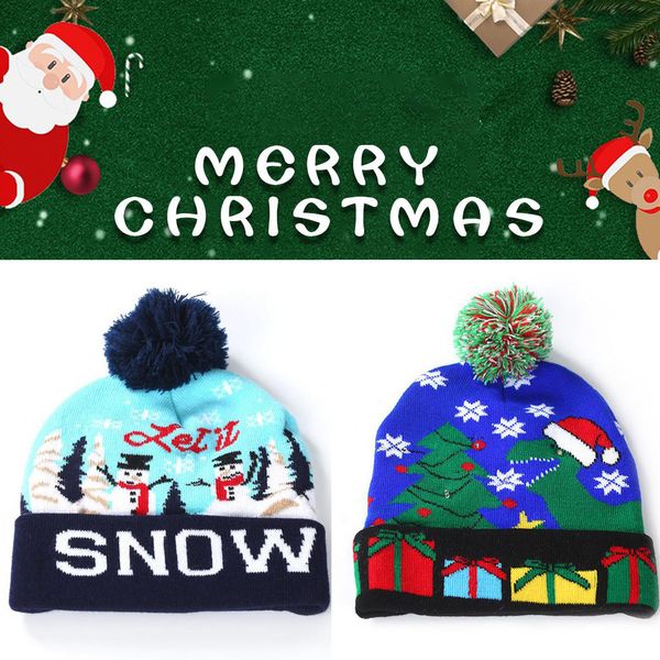 

parent-child led light-up hat colorful merry christmas knit warm hat beanie hairball winter hats for women bonnet chapeau, Blue;gray