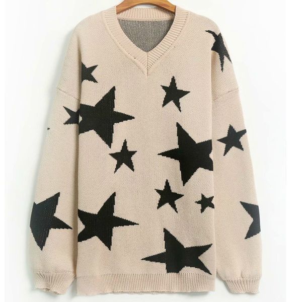 

new v-neck pentagonal jacquard pullover in autumn and winter 2019 women's fashion korean version women's sweaters, White;black
