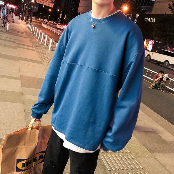 

2019 spring and autumn solid color men's fake two round neck loose casual sweatshirt long sleeve blue black / khaki