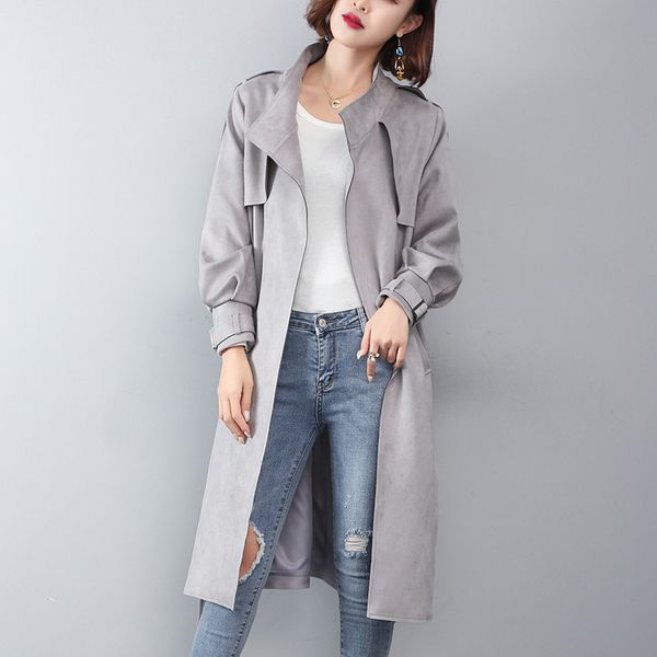 

2019 autumn and winter suede long-sleeved trench coat women long elegant windbreaker female slim cardigan outwear plus size 5xl, Tan;black