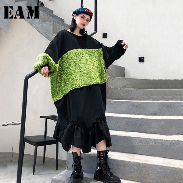 

eam] women lambswool split long big size dress new round neck long sleeve loose fit fashion tide spring autumn 2019 1k351, Black;gray