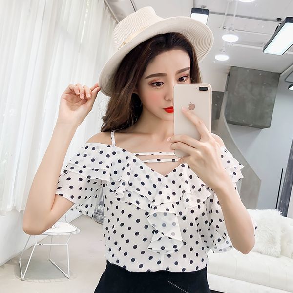 

для женщин блузки женские дизайнер tops женщина способа блузы 2019 sexy dot шифон блузка рубашка с коротким рукавом лето blusas шифон 0282 4, White