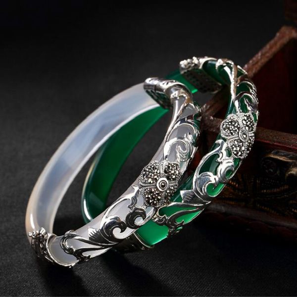 

pure 925 silver bangle green white opal marcasite 100% s925 sterling silver diameter 5.9cm bangles for women jewelry, Golden;silver