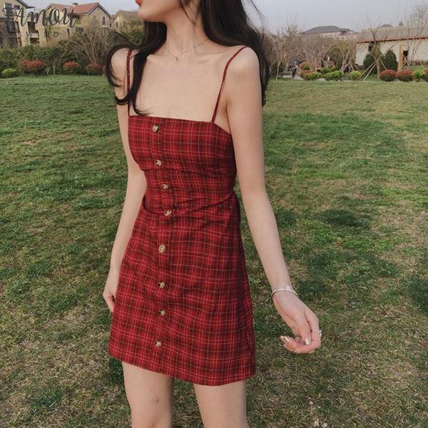 

summer cami dress women red plaid sheath slim hollow out backless button dresses vintage spaghetti strap beach party dress, Black;gray