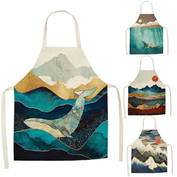 

mountain kitchen apron for woman whale printed sleeveless cotton linen aprons for cooking home cleaning tools