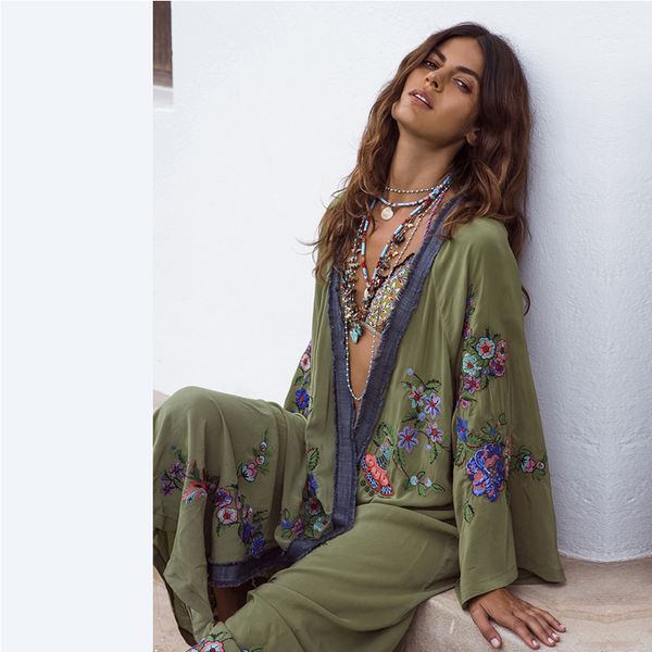 

boho inspirado bordado kimono kaftan frente aberta cintura praia contraste camisa longa blusa dress summer beach dress, Black;gray