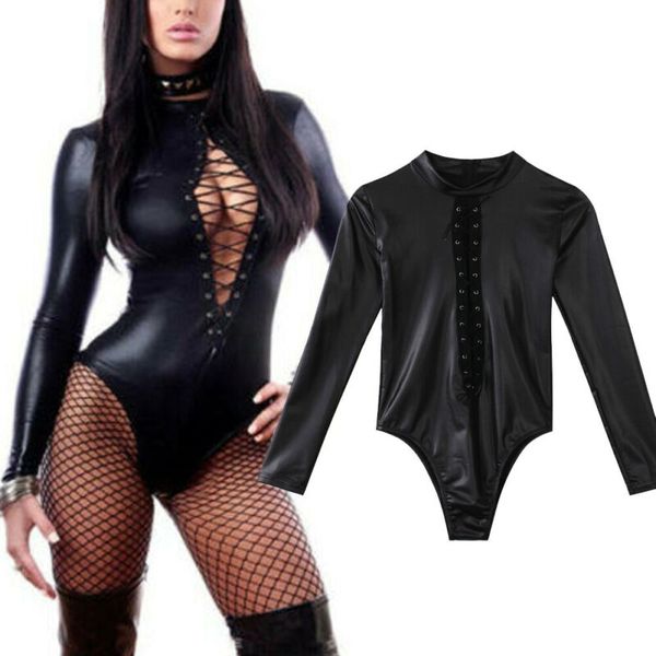 

women vinyl pvc wetlook leather catsuit clubwear bodysuit jumpsuit lingerie, Black;white