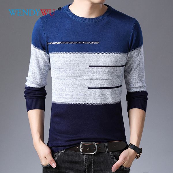 

2019 autumn winter pullover men round collar striped cotton sweaters slim fit pull homme knitwear, White;black