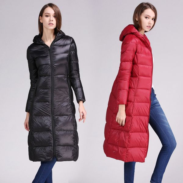 

2018 women down jacket autumn winter ultra light white duck downs coat parkas ladies long hooded outerwear plus size 5xl ab1124, Black