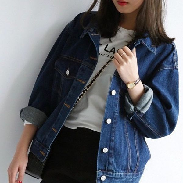 

new casual women jacket solid turn down collar long sleeve pockets single breasted coats spring autumn loose denim jacket, Black;brown