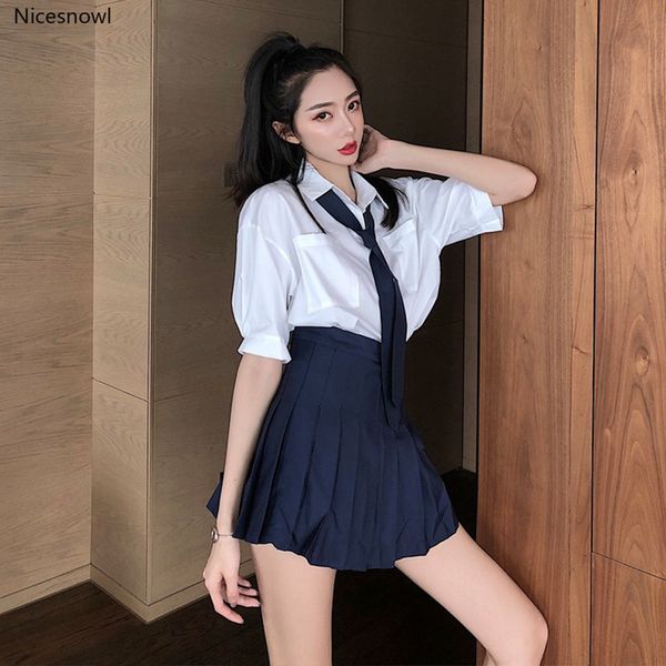 

summer 2020 new bf college style loose slimming white shirt pleated skirt set women's two-piece suit, White;black