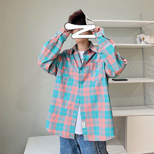 

японский сыпучие plaid мужчины рубашка синяя кнопка повседневная рубашка с длинным рукавом мужчины camicia uomo vintage мужская одежда крупн, White;black