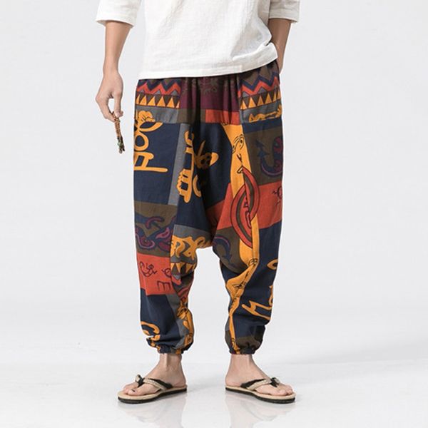 

new hip hop aladdin hmong baggy cotton linen harem pants men women plus size wide leg trousers new boho casual pants cross-pants, Black