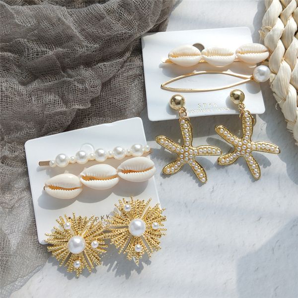 Cabelo Pins Pearl Shell Hairpin Terno Palavra Clipe Marine Series Beach Wind Diamond Hairs Clips com Earing Set 5