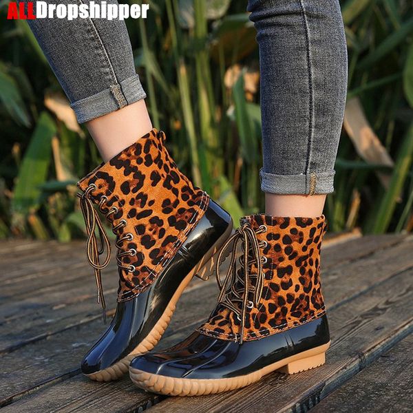 

нового женская plus velvet snow boots winter открытых походная обувь duck hunting походной обувь мода дождь сапоги leopard, Black