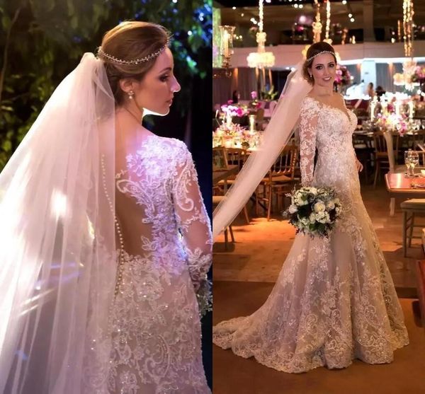 

vintage mermaid wedding dress new designer backless sequins illusion bodice lace button back long sleeves court train wedding bridal gowns, White