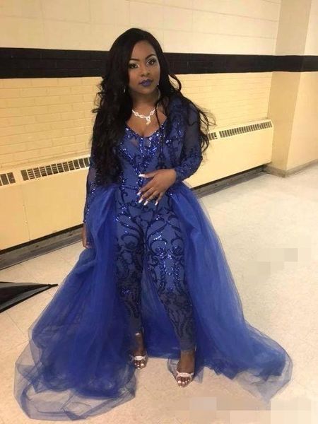 

royal blue long sleeves evening dresses sequins with overskirt tulle jumpsuit pants suit prom ball gown formal occasion wear, Black;red