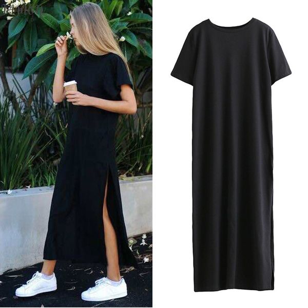 

autumn basic side high slit long t shirt women dress short sleeves black new fashion clothing, Black;gray