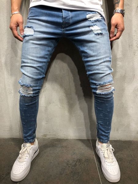 

mens designer high slim fit jeans printed holes street zipper pants fashion, Blue