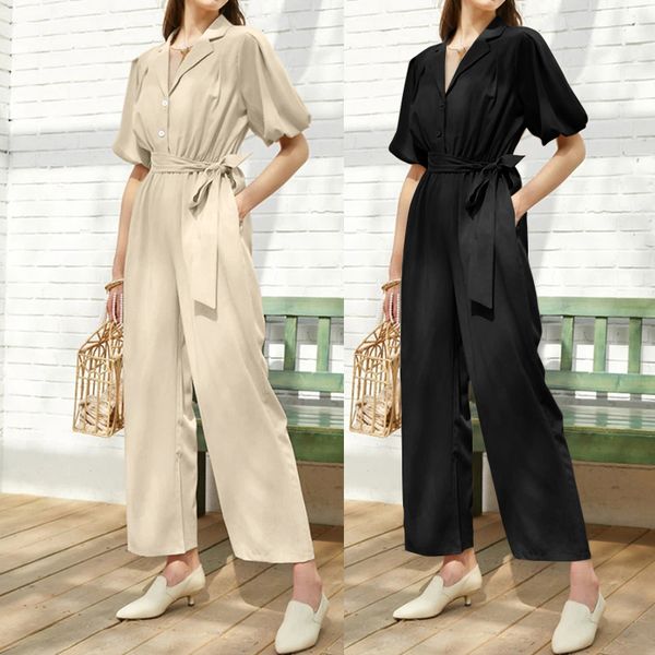 

women's summer jumpsuits celmia vintage long rompers casual loose belted female overalls solid v neck elegant overalls, Black;white