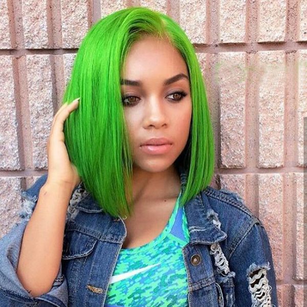 Colored Short Full Lace Human Hair Bob Wigs For Black Women Green Straight Bob Lace Front Wigs Pre Plucked Brazilian Virgin Hair Virgin Hair Wig Curly