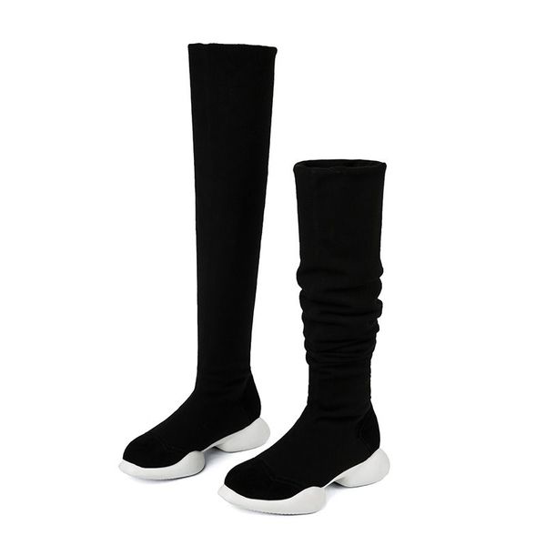

genuine leather+stretch fabrics elastic boots tube winter snow women boots fashion low-heeled over the knee high boots, Black