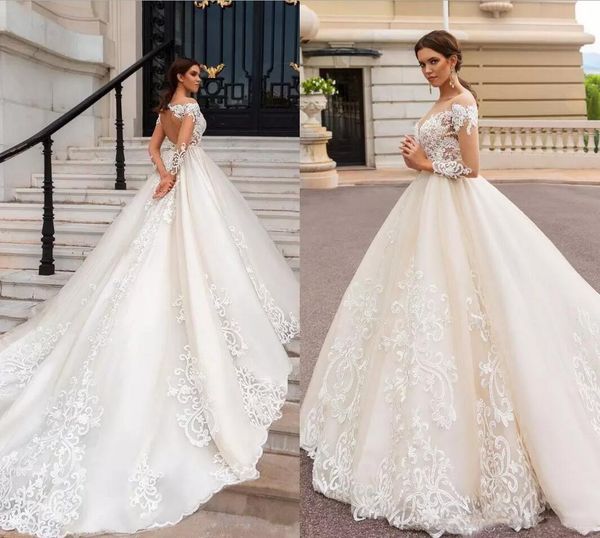 

gorgeous white lace long sleeves a line wedding dresses modest sheer neckline lace appliques bridal gowns court train robe mariage