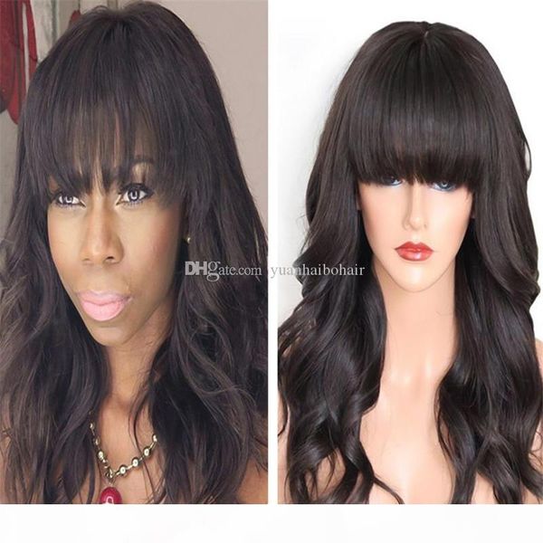 

fashion human hair wig with bangs virgin indian wavy hair lace front wig with bang full lace wig with bangs ing, Black;brown
