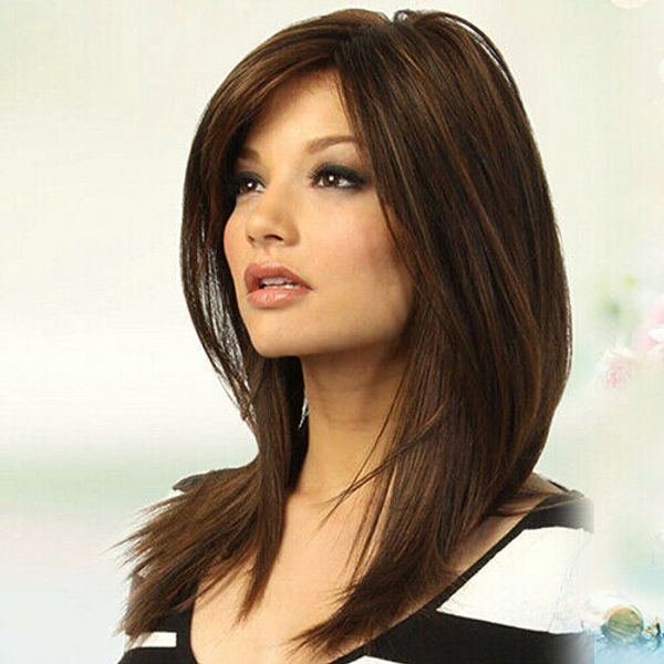Women Natural Human Hair Wigs Dark Brown Long Straight Partial