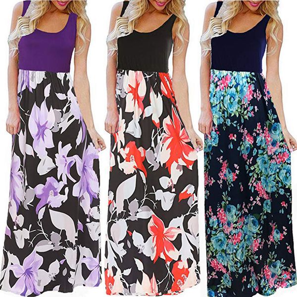

woman clothing women long maxi dresses 2019 bohemia womens summer boho sleeveless floral print tank beach long maxi dress vestidos, Black;gray