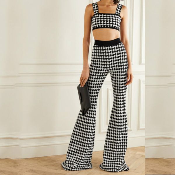 

womens designer two piece outfit tube & boot cut pant 2020 designer luxury clothes houndstooth knitted tracksuits 2020 new, White