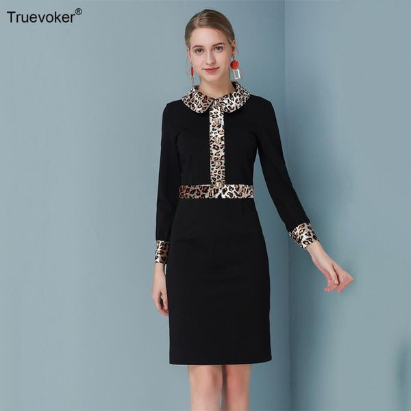 

truevoker designer dresses women's full sleeves peter pan collar leopard printed black pencil vestidoes ladies robe femme ete, Black;gray