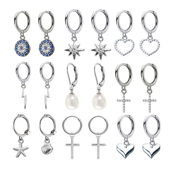 

2019 New Small 925 Sterling Silver Hanging Stud Earrings For Women Eye Cross Heart Snake Star Charm Small Studs Earring DA506