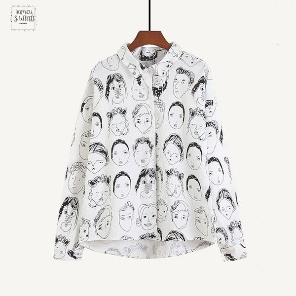 

fashion character printed blouses women graffiti blouse streetwear turn down button collar long sleeve cotton loose shirt, White