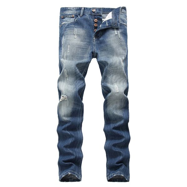 

men button jeans pleated motorcycle jeans trousers slim brand designer motocycle denim trousers, Blue